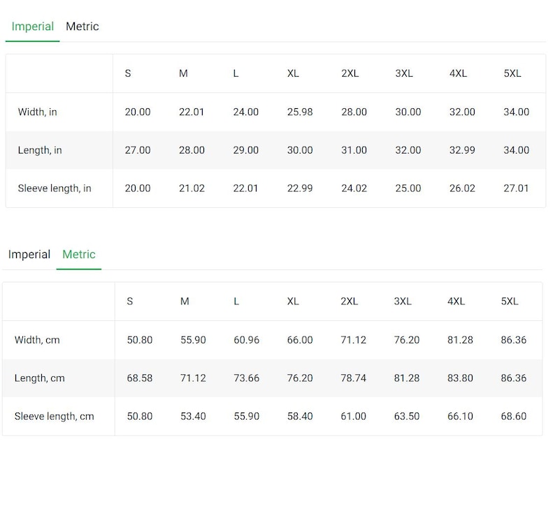 May include: A size chart table for apparel displaying width, length, and sleeve length measurements in inches and centimeters. The table includes sizes from S to 5XL, providing specific numerical values for each category in both imperial and metric.