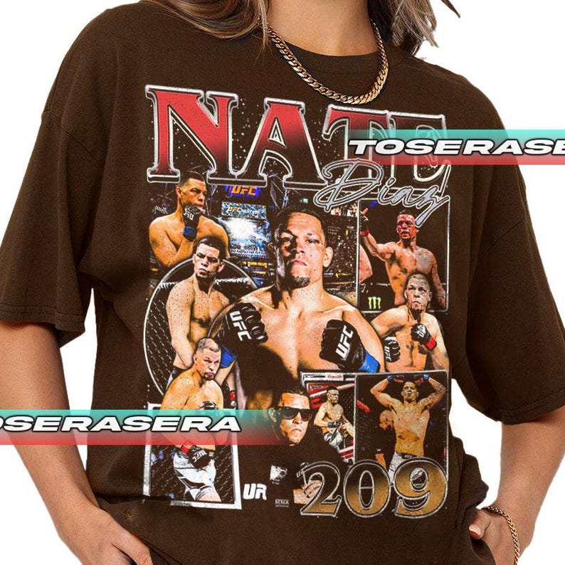 May include: A dark brown short-sleeve t-shirt featuring a large graphic print of Nate Diaz in various fighting poses. The design includes the text NATE DIAZ in bold lettering, the number 209, and multiple action shots of the fighter in the ring.