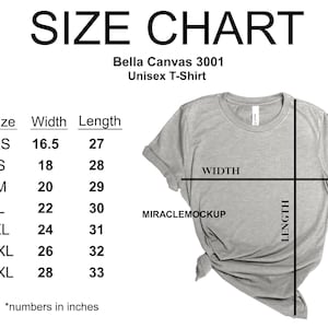 May include: A grey Bella Canvas 3001 unisex t-shirt size chart with text showing sizes XS to 3XL, widths from 16.5 to 28 inches, and lengths from 27 to 33 inches. The image includes a visual guide for width and length measurements on a t-shirt.