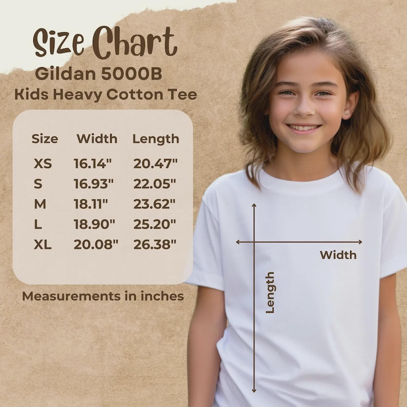 May include: A white Gildan 5000B Kids Heavy Cotton Tee with a size chart. The chart shows measurements in inches for sizes XS to XL, including width and length. The image also shows a young person wearing the tee.