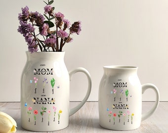 Vaso di fiori da giardino personalizzato della nonna, brocca di fiori in ceramica personalizzata, vaso per piante, fiori di nascita con nome del nipote, regalo per la festa della mamma, regalo della nonna