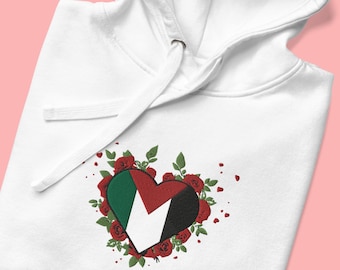 Felpa con cappuccio ricamata con bandiera palestinese, cuore cuore palestinese, tatreez, regalo di San Valentino