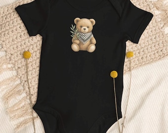 Organic cotton baby bodysuit, cute keffiyeh teddy bear