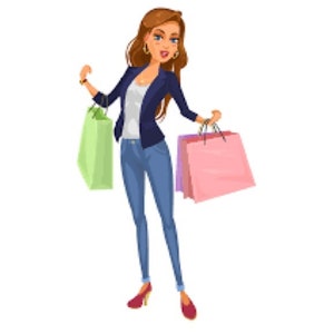 May include: A woman wearing a blue blazer and jeans is carrying several shopping bags. The bags are green, pink and purple.