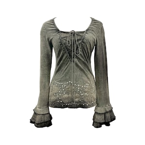 Christian Dior by John Galliano - Embellished Clover Blouse with Drawstring in Dark Grey | Ruffle Sleeves | Cotton & Lycra | Made in France