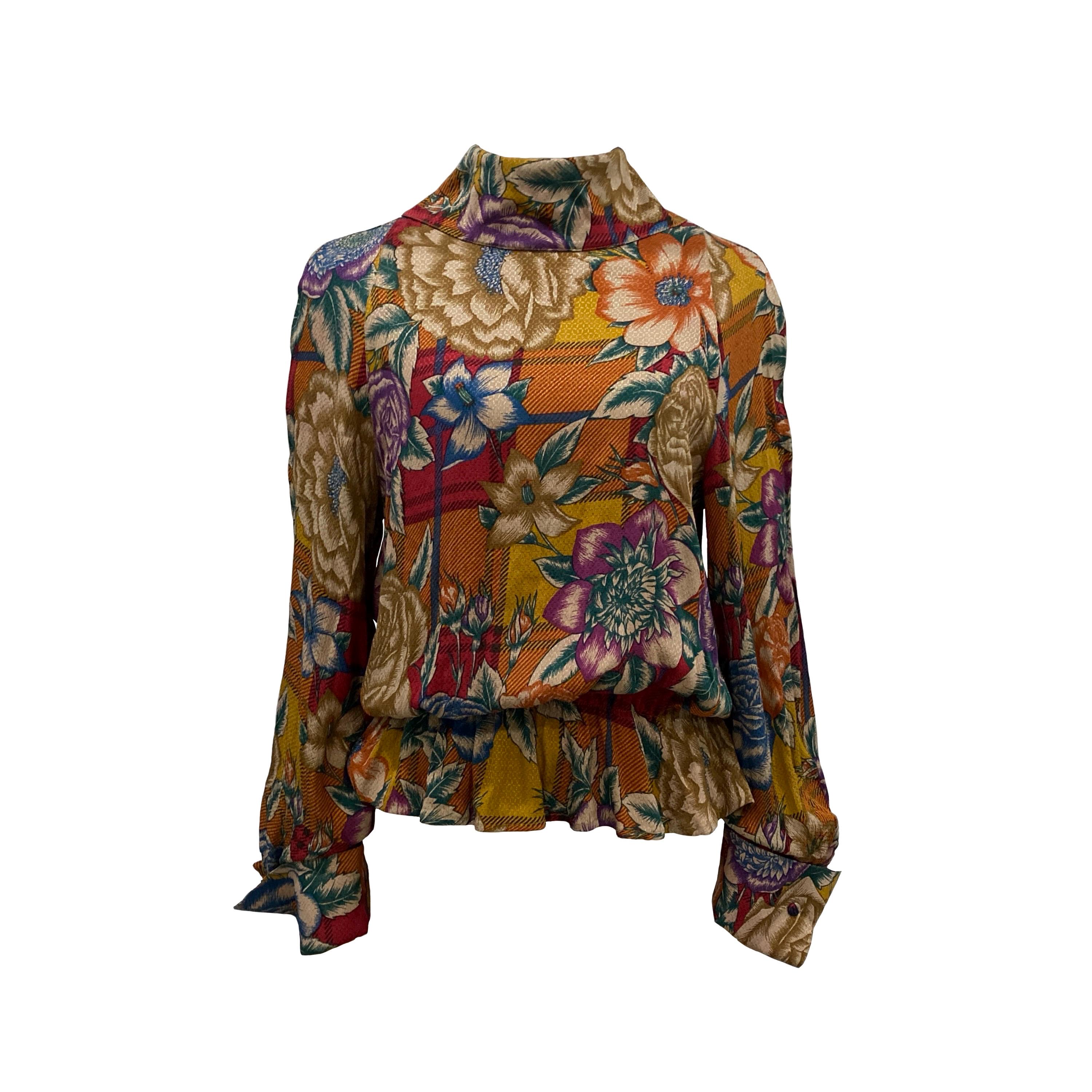 Christian Lacroix prêt-a-porter - Vintage Ruffle Floral Silk Blouse with a Back Button | Made in Italy