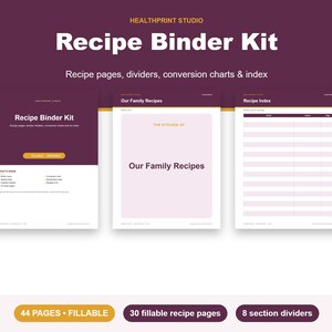 Könnte beinhalten: Ein digitales Rezeptordner-Set von Healthprint Studio mit drei Dokumentenseiten in Dunkellila und Hellrosa. Das Set enthält Rezeptseiten, Trennblätter, Umrechnungstabellen, ein Inhaltsverzeichnis, 44 ausfüllbare Seiten und 8 Trennblätter.