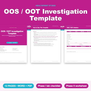 Op de afbeelding: Een digitale OOS / OOT Investigation Template documentenset met een magenta en wit kleurenschema. De pagina's bevatten een initiatieformulier, een handleiding en checklists voor laboratoriumonderzoek in Word- en PDF-formaat.