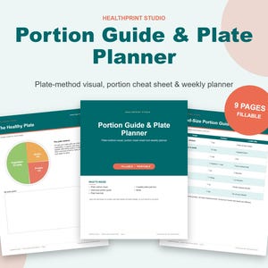 Guía de control de porciones imprimible, tabla del método del plato en PDF, planificador de platos saludables, hoja de referencia rápida del tamaño de las porciones, planificador de comidas semanal rellenable