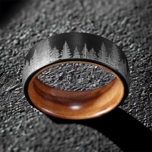 Whiskey Barrel Men's Ring - Genuine Black Whiskey Barrel Pine Tree Forest Man Ring Wedding Band - Natural Tungsten Ring For Men Minimalistic