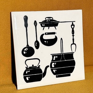 Stylish MCM Black and White Tile with Retro Kitchenware Design