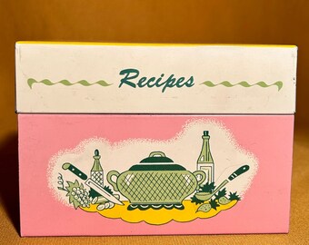 Vintage Metal Recipe Box Tin Pink Yellow & Green 1950’s Kitschy Retro ~ Ohio Art Co. with Recipes