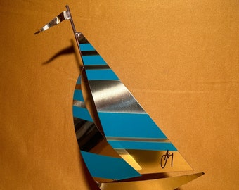 Curtis Jere Signed Brass Airbrushed Sculpture On Rock Base Sailboat Art