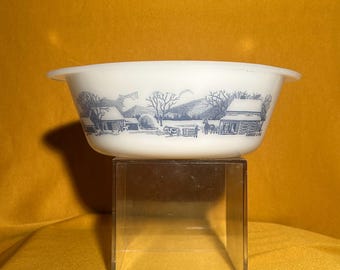 Vintage Glasbake Currier & Ives 1.5 Qt Casserole Dish J-512 Farm Scene Blue White