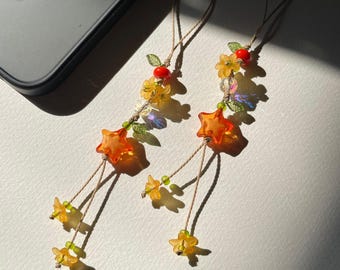 Orange Star Flower Beaded Phone Charm, keychain , Kawaii Bag Strap, Floral Fairycore Zipper Pull