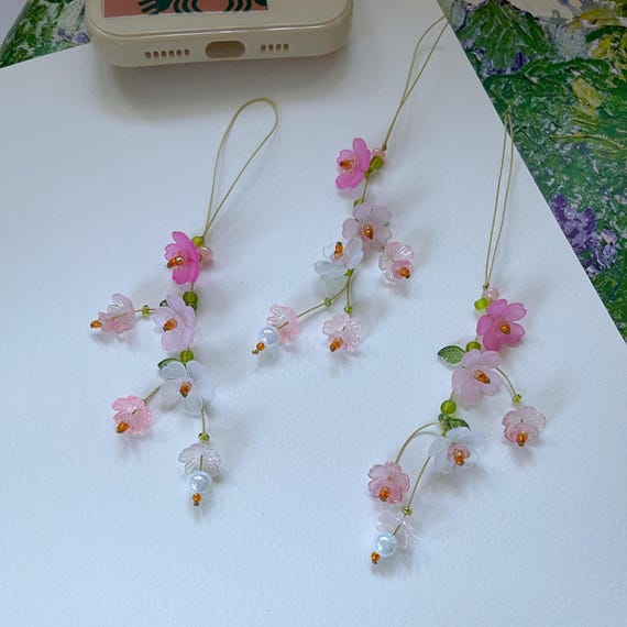 Handmade Sakura Phone Charm: Pink Beaded Floral Keychain