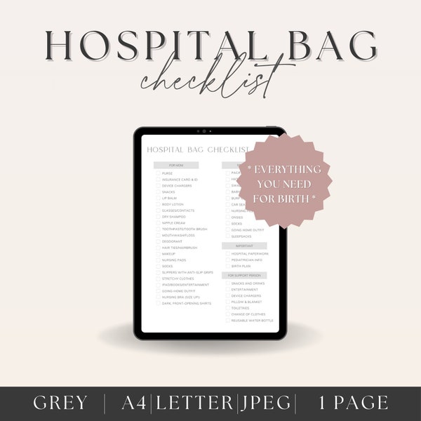 Grey Hospital Bag Checklist | Digital Download | Hospital Bag List | Hospital Bag Organizers | Hospital Bag | New Mom | Postpartum | Birth