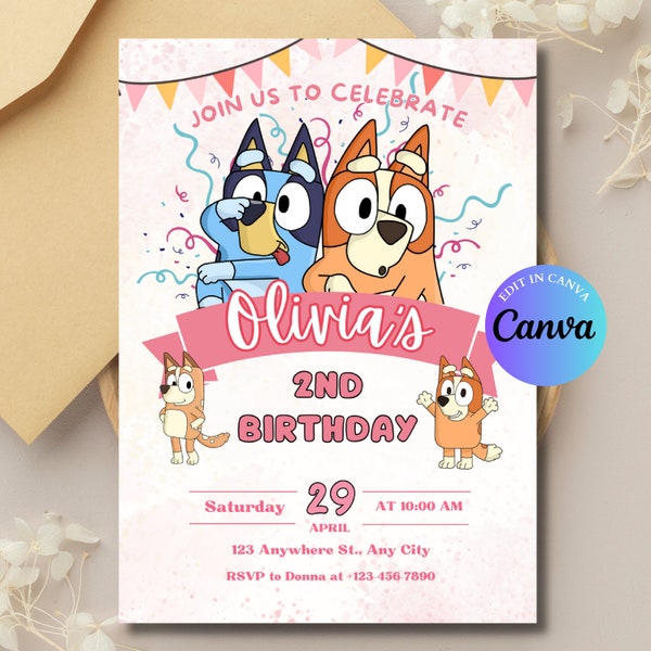 Pink Bluey Birthday Invitation Template, Kids Birthday Party, Bluey Invitation, Digital Bluey Girl Invite Template Bluey Girl Party Invite