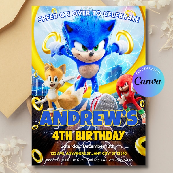 Sonic Birthday Invitation, Super Hedgehog Boys Party Invite, Super Sonic Party Invitation, Editable Sonic Invite Template, Canva Template