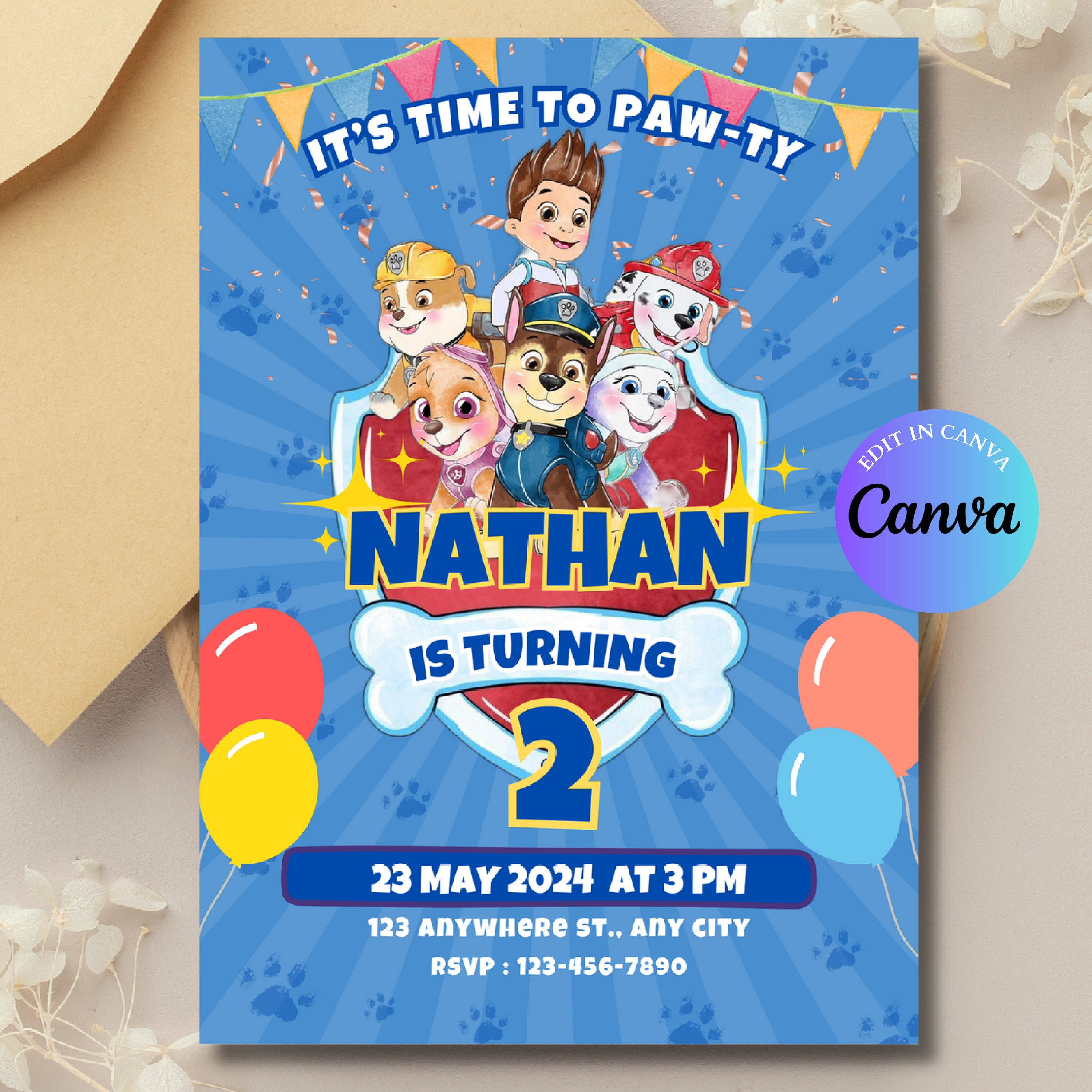 Editable Birthday Party Invitation Blue Dog Invitation Puppy Party Invitation Puppy Boys Theme Paw Patrol Birthday Invitation