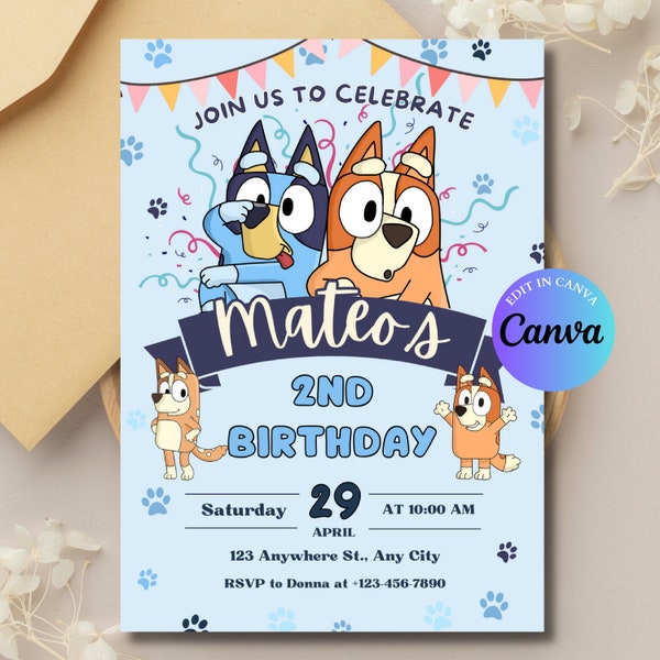 Editable Bluey Birthday Party Invitation, Blue Dog Invitation, Puppies Party Invitation, Puppy Boys Theme, Bluey Printable Template Canva