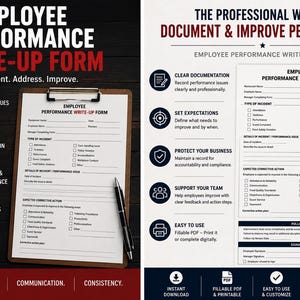 May include: An employee performance write-up form on a clipboard with a pen. The form includes sections for incident type, details, and corrective action. Text includes "Document. Address. Improve."