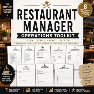 Può includere: Un kit di strumenti operativi per gestori di ristoranti con otto modelli e liste di controllo professionali. Il set di documenti include una lista di controllo per l'apertura, la chiusura, la gestione del lavoro e il check-in.