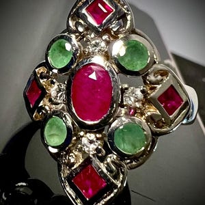 Vintage Sally C Treasures SX 925 Ruby Emerald Cocktail Ring Sz 6