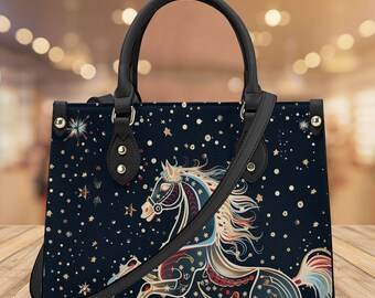 Equestrian Shoulder Bag: Black Horse Design, PU Leather Cosmos Bag