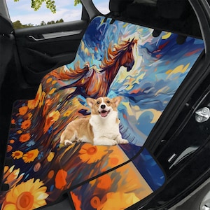 May include: A car seat cover featuring a vibrant, abstract painting of a running horse in shades of orange, brown, and blue. A corgi dog is lying on the seat cover. The design includes sunflowers and other floral elements.