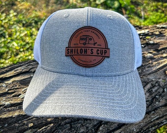 Custom Leather Patch Trucker Hats, Laser engraved logo for your business or organization, Custom Patch Shape, Richardson 112 Custom hats.