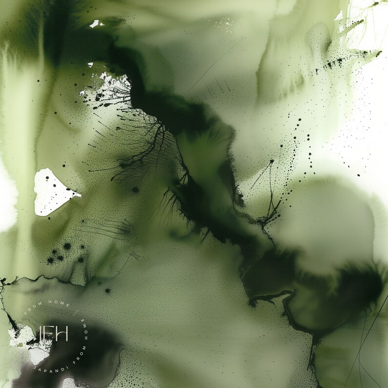 May include: Abstract watercolor painting in shades of green with black ink splatters. The painting has a flowing, organic feel and evokes a sense of nature.