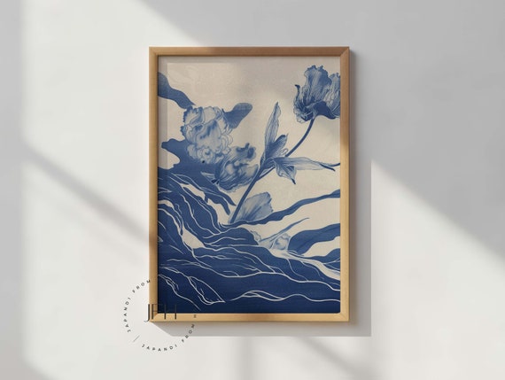 Digital Blue Flower Art, Home Office, Remote Workers, Japandi Blue Flower Art, Digital Art Print, DIY Office Decor, Zen Office Aesthetic