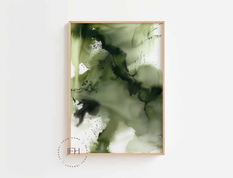 May include: Abstract art print with green and black watercolor paint in a wooden frame.
