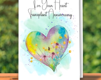 Tarjeta de aniversario de trasplante de corazón: Diseño floral en acuarela (descarga digital)