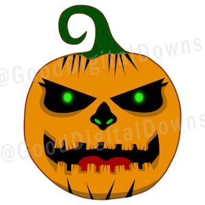 May include: A cartoon jack-o'-lantern with a wide, toothy grin and glowing green eyes. The pumpkin is orange with a green stem.
