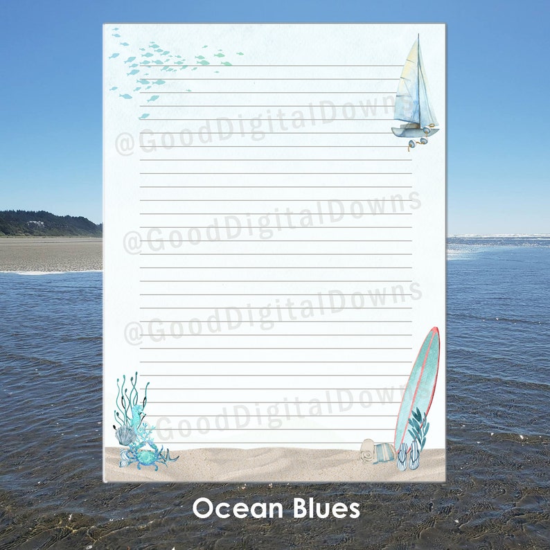Ocean Themed Stationary, 5 Colors, 2 Sizes 8.5 X 11 and A4, Lined and ...