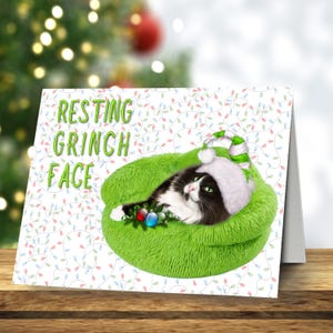 Gato verde del Grinch navideño, tarjeta digital de 5 x 7, tarjeta navideña, descarga e impresión instantánea, tarjeta navideña divertida, lista de regalos navideños, gato navideño