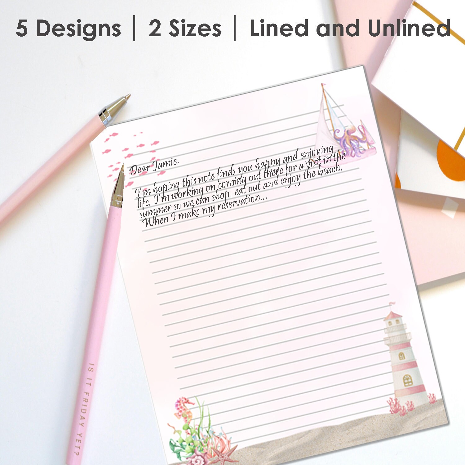 Ocean Themed Stationary, 5 Colors, 2 Sizes 8.5 X 11 and A4, Lined and ...