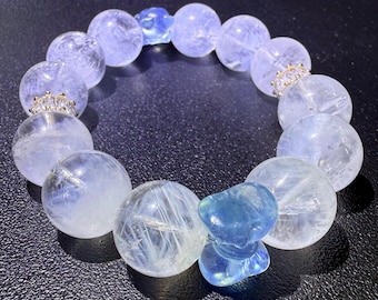 Blue Rutilated Quartz Beaded Bracelet: Angel Feather Jewelry Gift (15.5mm