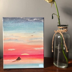 Beachy Pastel Sunset Painting with Sailboat