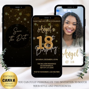 18th Birthday Digital Invitation, Black Gold Birthday Invitation Template, Black and Gold Invitation, Editable Template, Instant Download