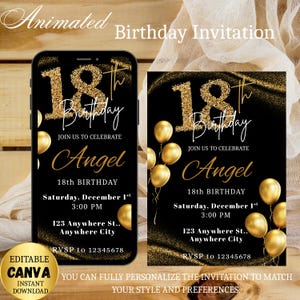 Digital 18th Birthday Invitation, Black Gold Birthday Invitation, Black Gold Glitter Invitation, Editable Template, Instant Download