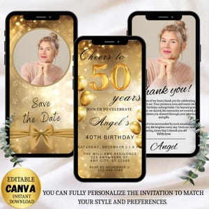 50th Birthday Invitation Template, Digital Party Invitation, Editable Birthday Template, Golden Birthday Invite, Instant Download