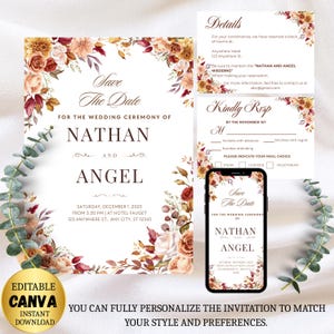 Autumn Wedding Invitation Template Set, Digital Wedding Invitation, Editable Wedding Invitation, Editable and Printable Wedding Invitation