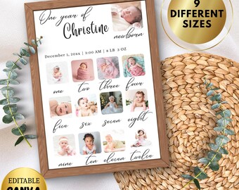 1st Birthday Milestone Sign, Printable Baby's First Year Poster, Editable First Milestone Board, One Year Baby Photos Milestone Board