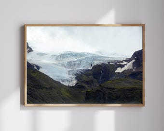 Impresión fotográfica de cascada de hielo glaciar de Islandia / Arte mural de glaciar de montaña, decoración minimalista de naturaleza nórdica escandinava