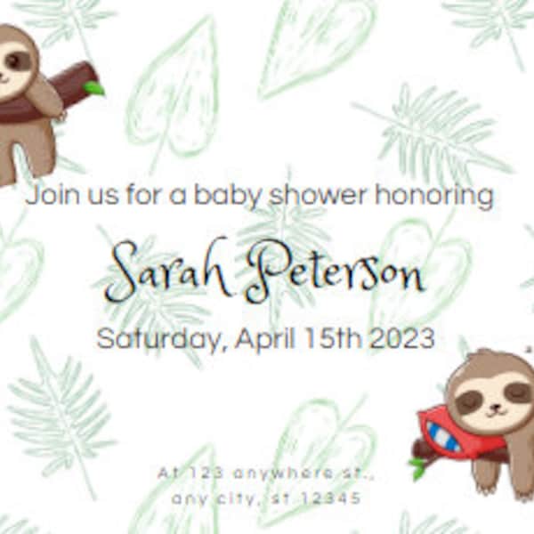 Editable and printable sloth baby shower invitation template