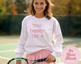 Gildan 18000 White Mockup, White Sweatshirt Mockup, Gildan 18000, Spring Mockup, Tennis Mockup