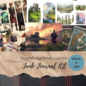 Kit de journal indésirable Scottish Highland Legends, lot numérique 6 en 1, documents éphémères vintage, étiquettes, pochettes, folios, papiers, cartes et enveloppes. JJ012